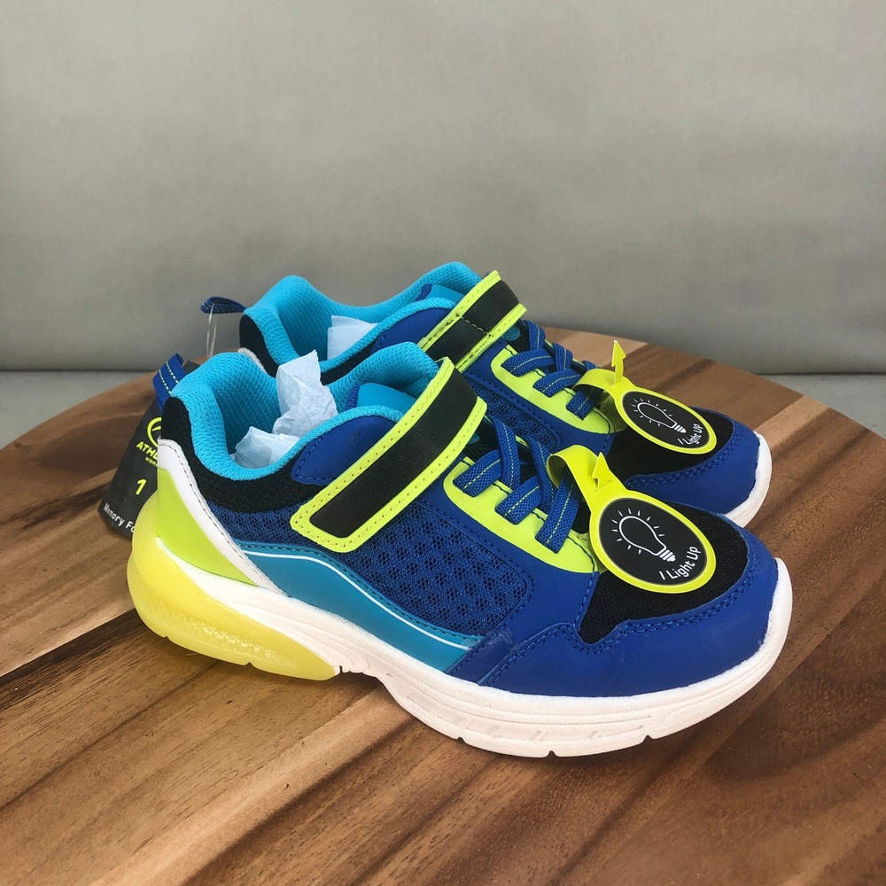 Athletic Works Boys Light Up Sneakers Blue Yellow Size 1 Memory Foam